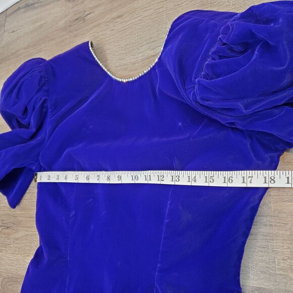 VTG 80s 90s Velvet Puff Sleeve Cocktail Dress Rhinestones Open Back Purple Retro - Picture 8 of 16